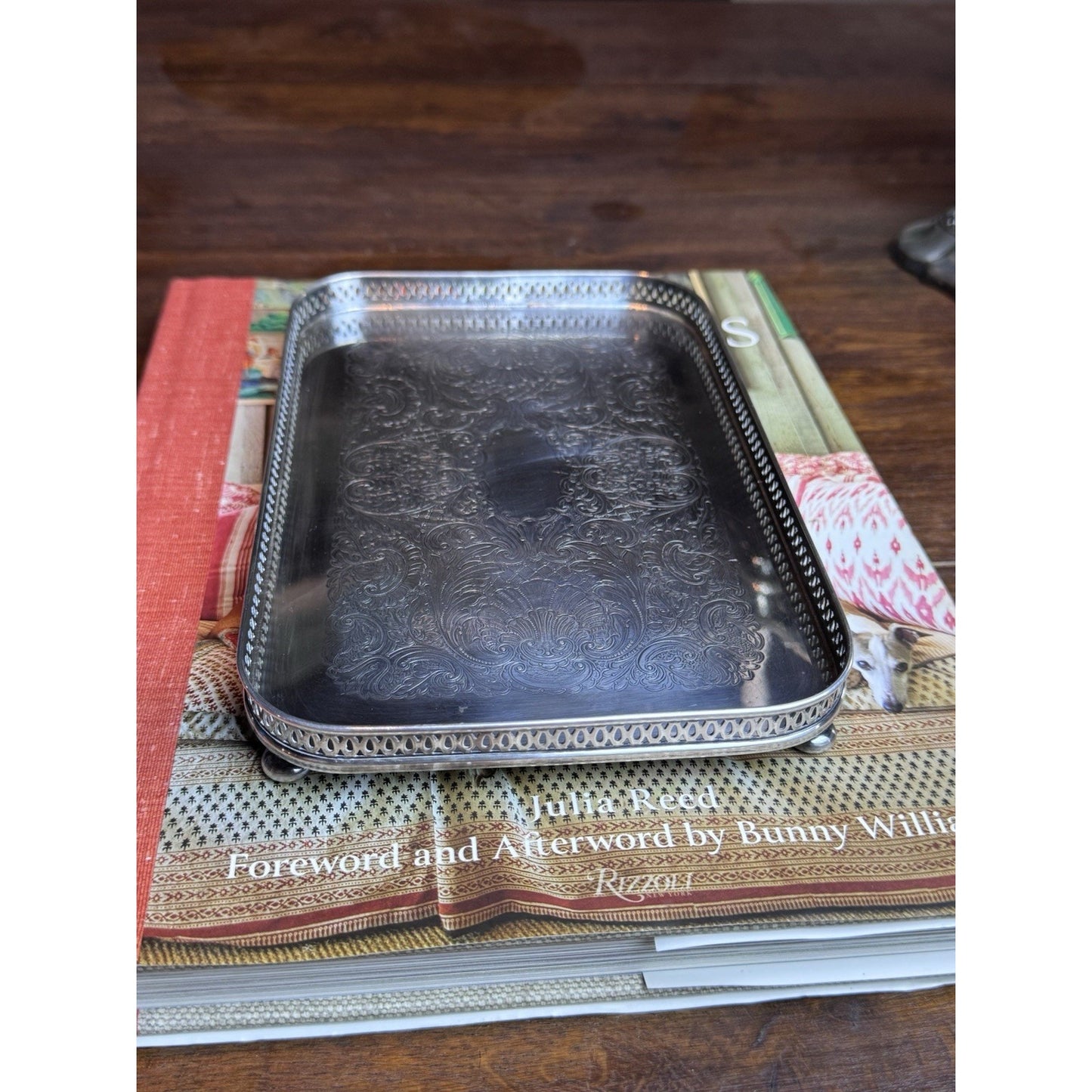 Vintage Sheffield Silverplate Footed Gallery Tray Jewelry Vanity Catchall 9”