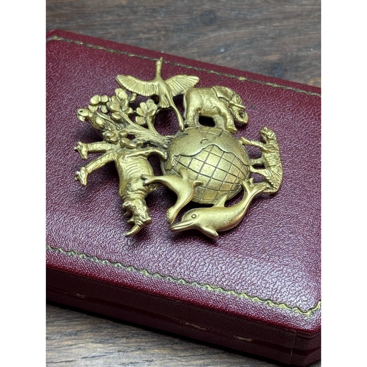 Vintage Brooch AJC Animal Kingdom Globe Goldtone World Wildlife
