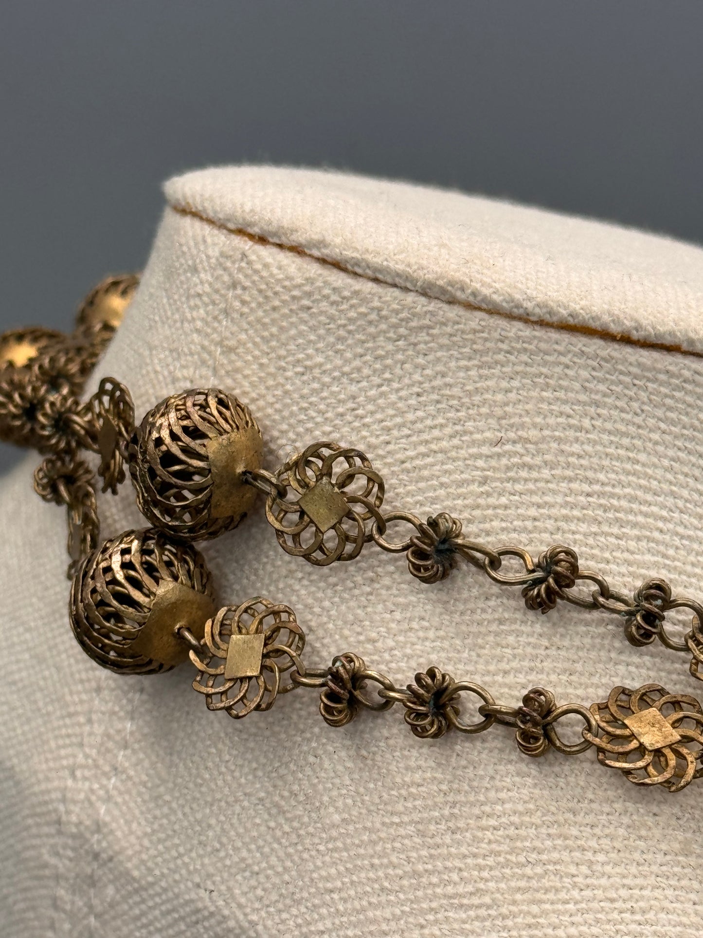 Vintage Necklace Long Brass Tone Filigree Bead Chain Endless 36”