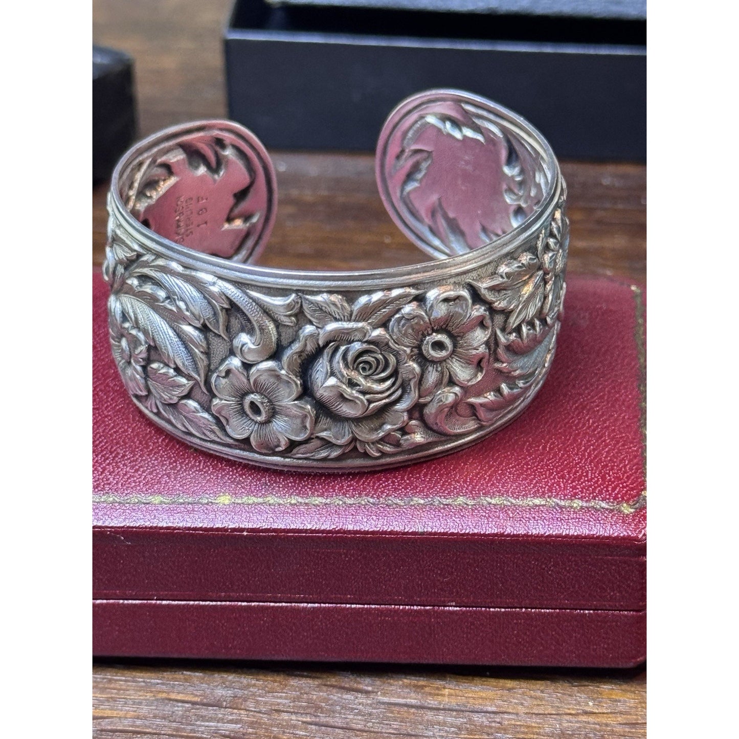Vintage S Kirk & Son Sterling Repoussé Floral Cuff Bracelet 19F Fits 6.75”