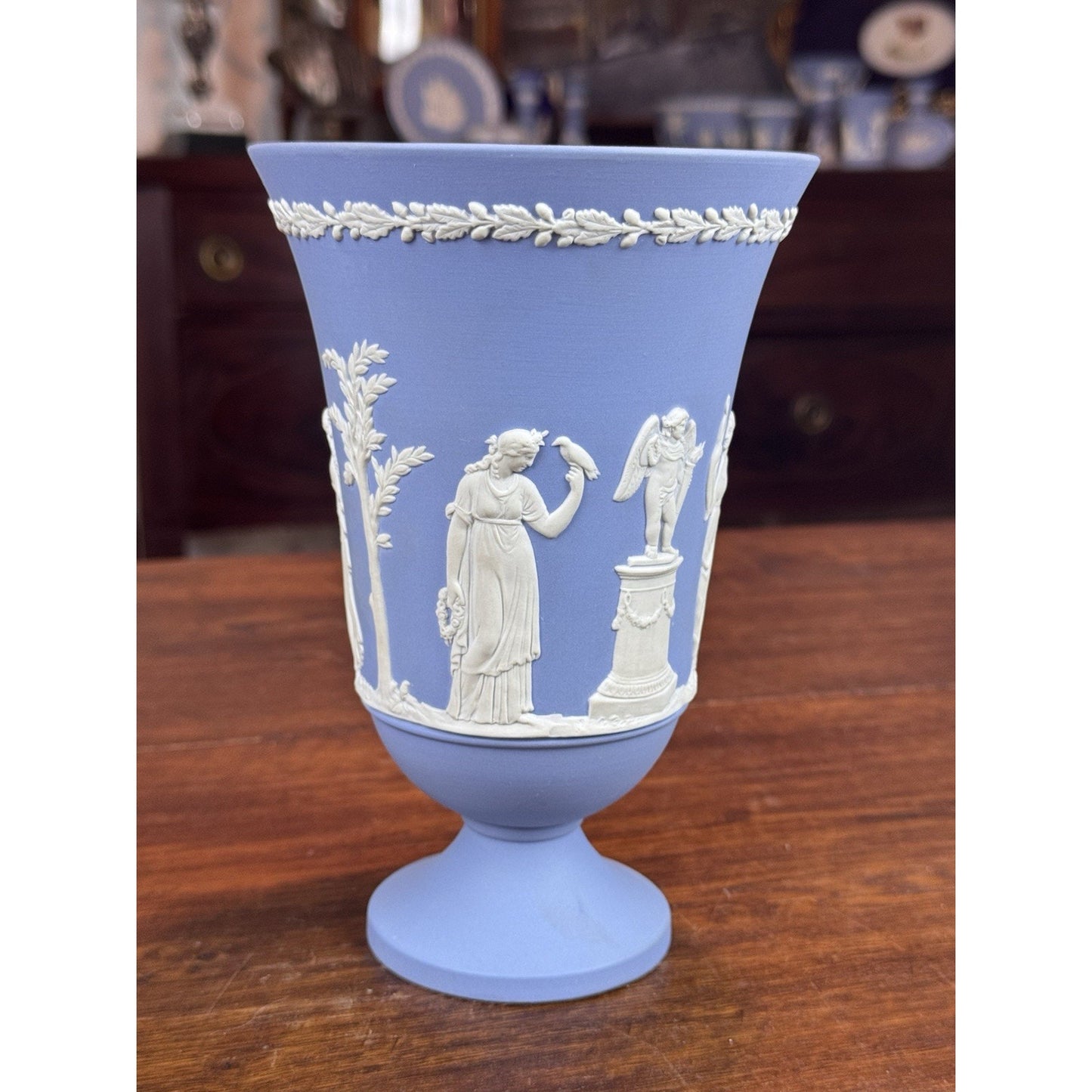 Vintage Wedgwood Jasperware Vase Blue White Classical Figures Pedestal 7.5”