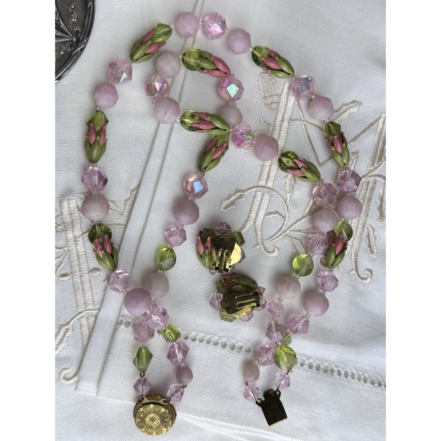Vintage Pink Green Glass Bead Necklace Clip Earrings Set