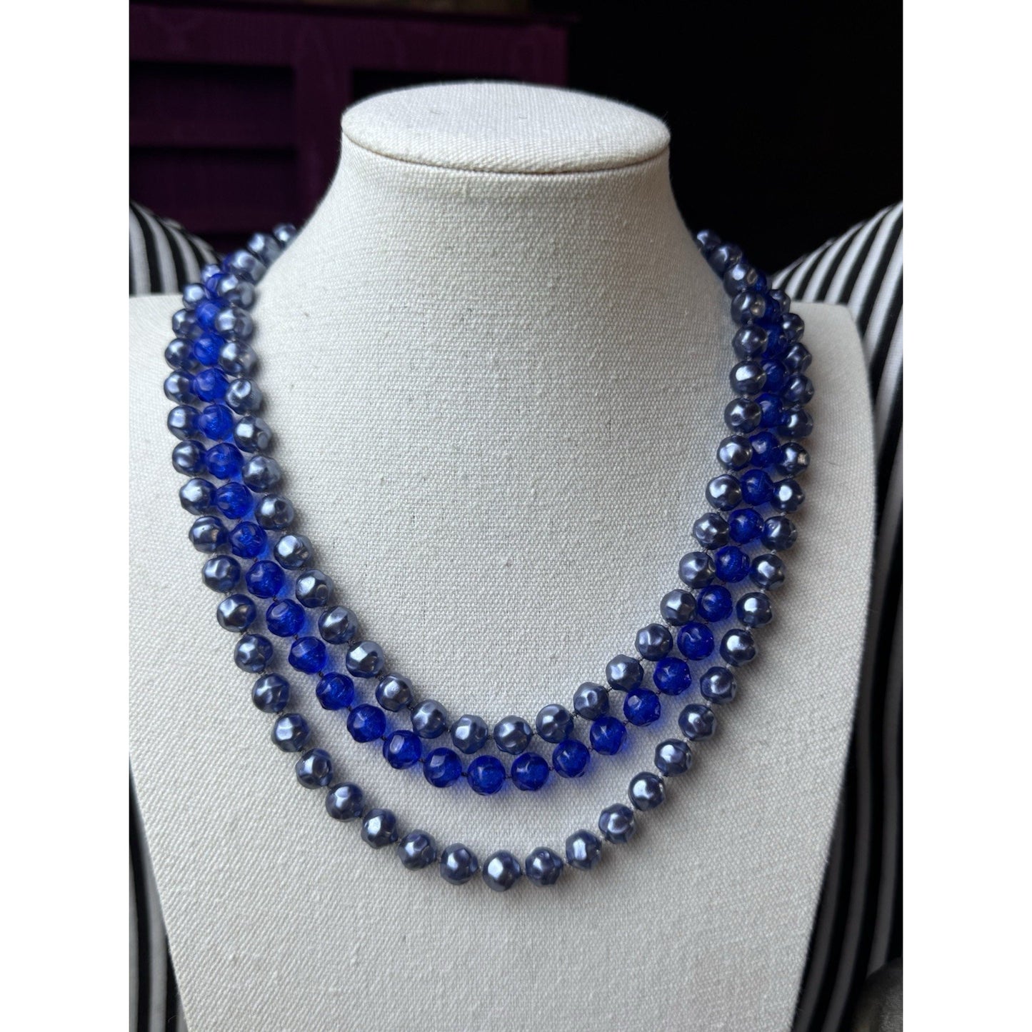 Vintage Blue Lucite Beaded Necklace Goldtone 3 Strand Statement 20”