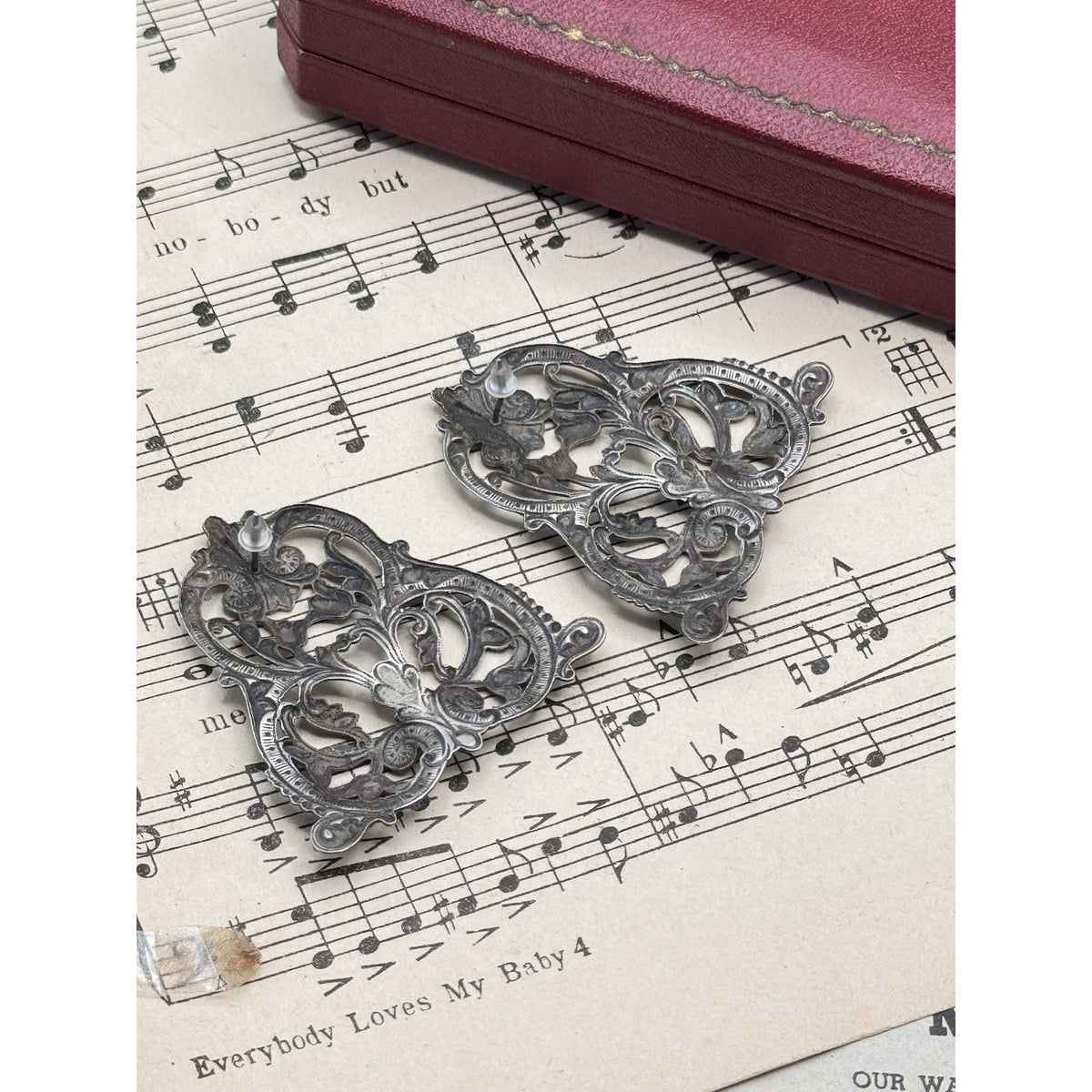 Large Silver Repoussé Earrings Antique Style Floral Scroll Post 1.75”