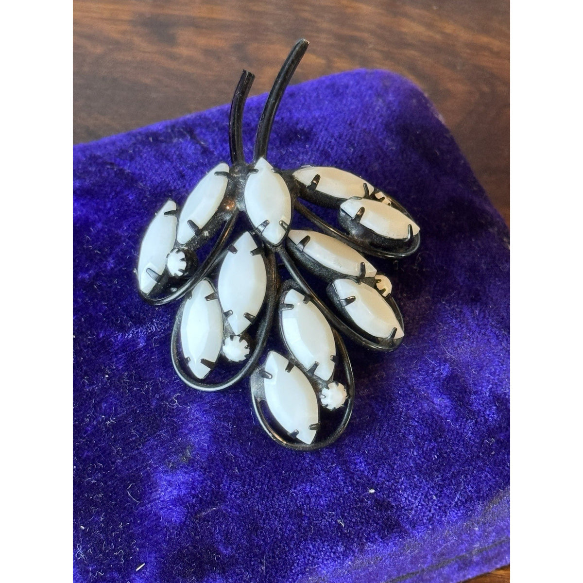 Vintage Brooch Black White Glass Floral Spray Japanned Statement Pin 2.5”