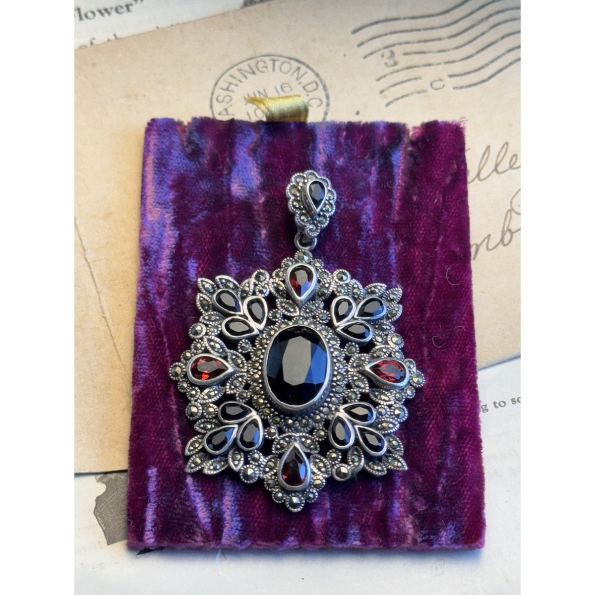 Sterling Silver Pendant Garnet Black Stones Marcasite Victorian Revival 2.25”