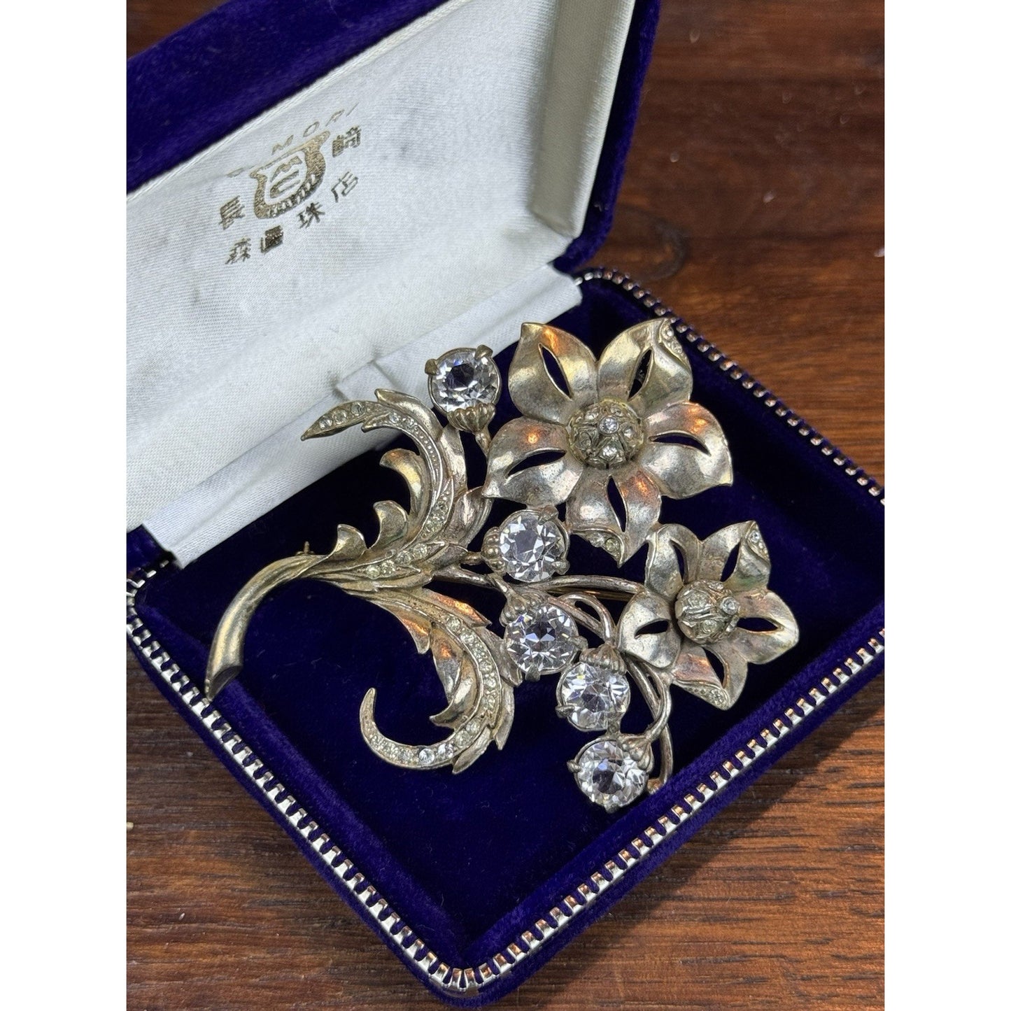 Vintage Brooch Silver-Goldtone Floral Clear Rhinestone Flower Spray Large 3”