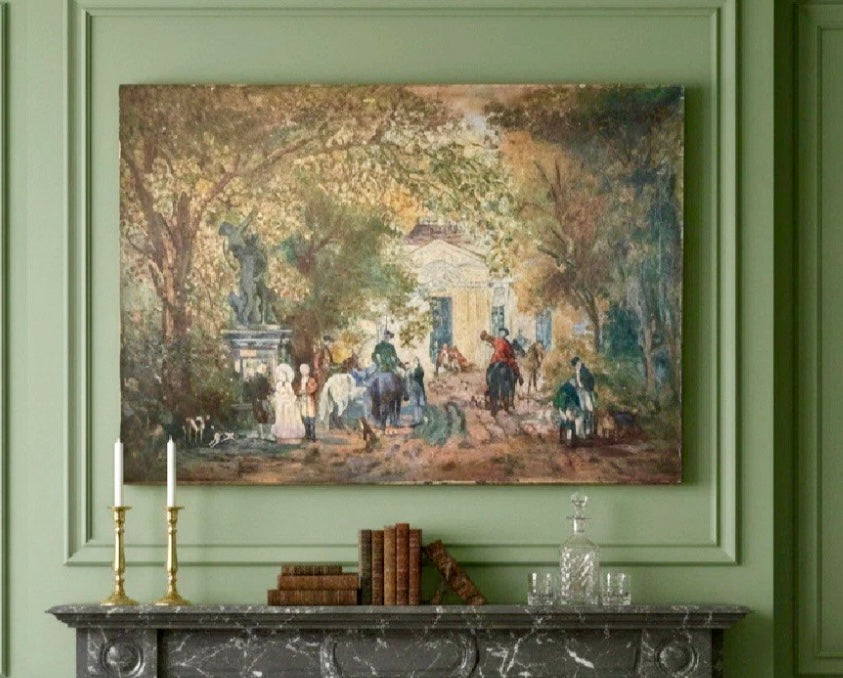 Vintage Oil Painting Fox Hunt Scene Country House Equestrian 35 X 25”