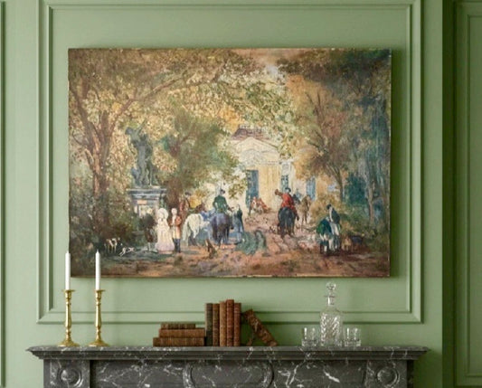 Vintage Oil Painting Fox Hunt Scene Country House Equestrian 35 X 25”