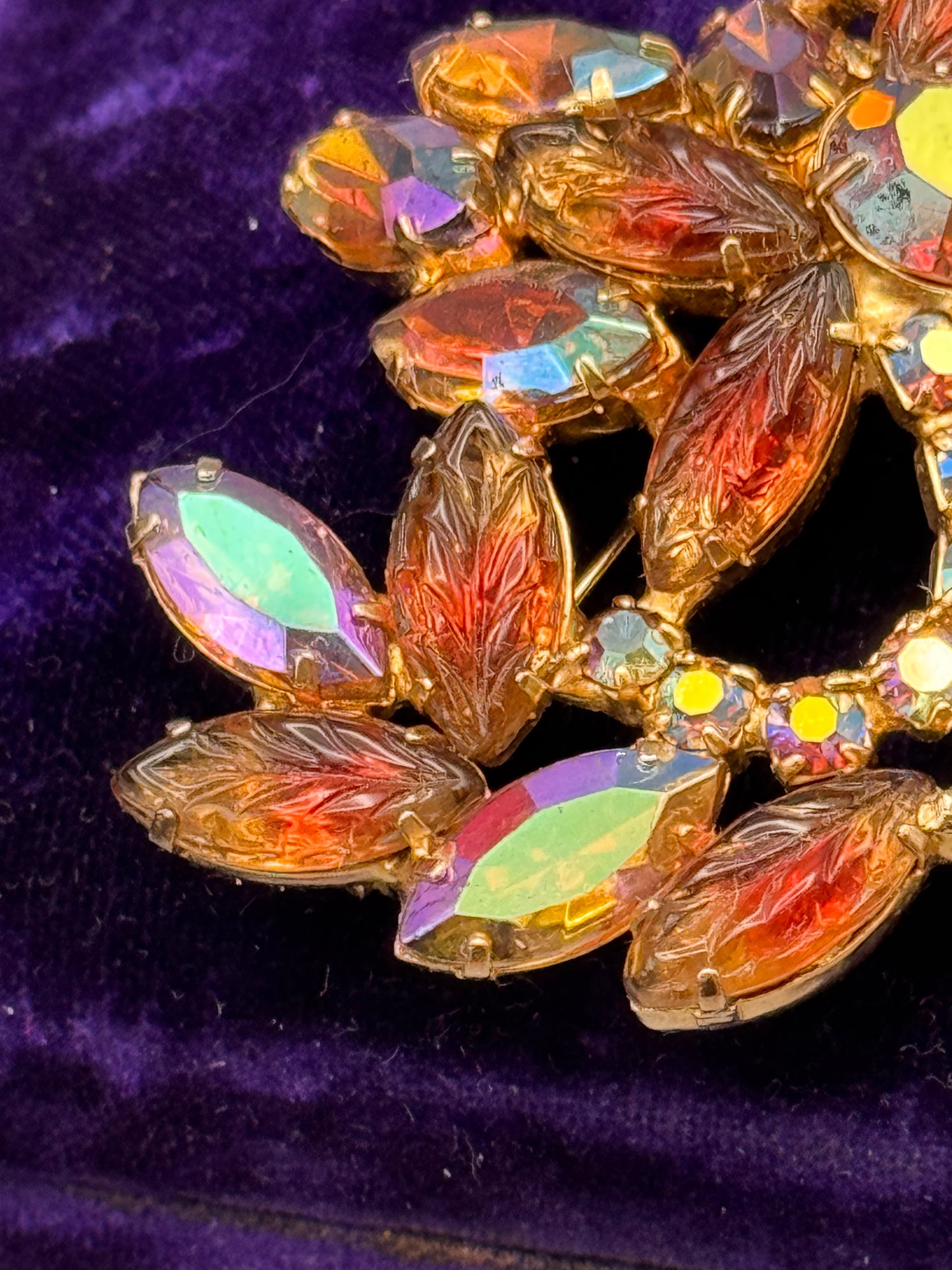 Vintage Rhinestone Brooch AB Navette Amber Glass Pink Crystal Floral 3”
