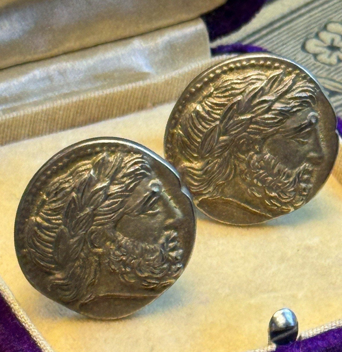 800 Silver Cufflinks Zeus Coin Gold Wash Greek Mythology Round Vintage .87” Pair