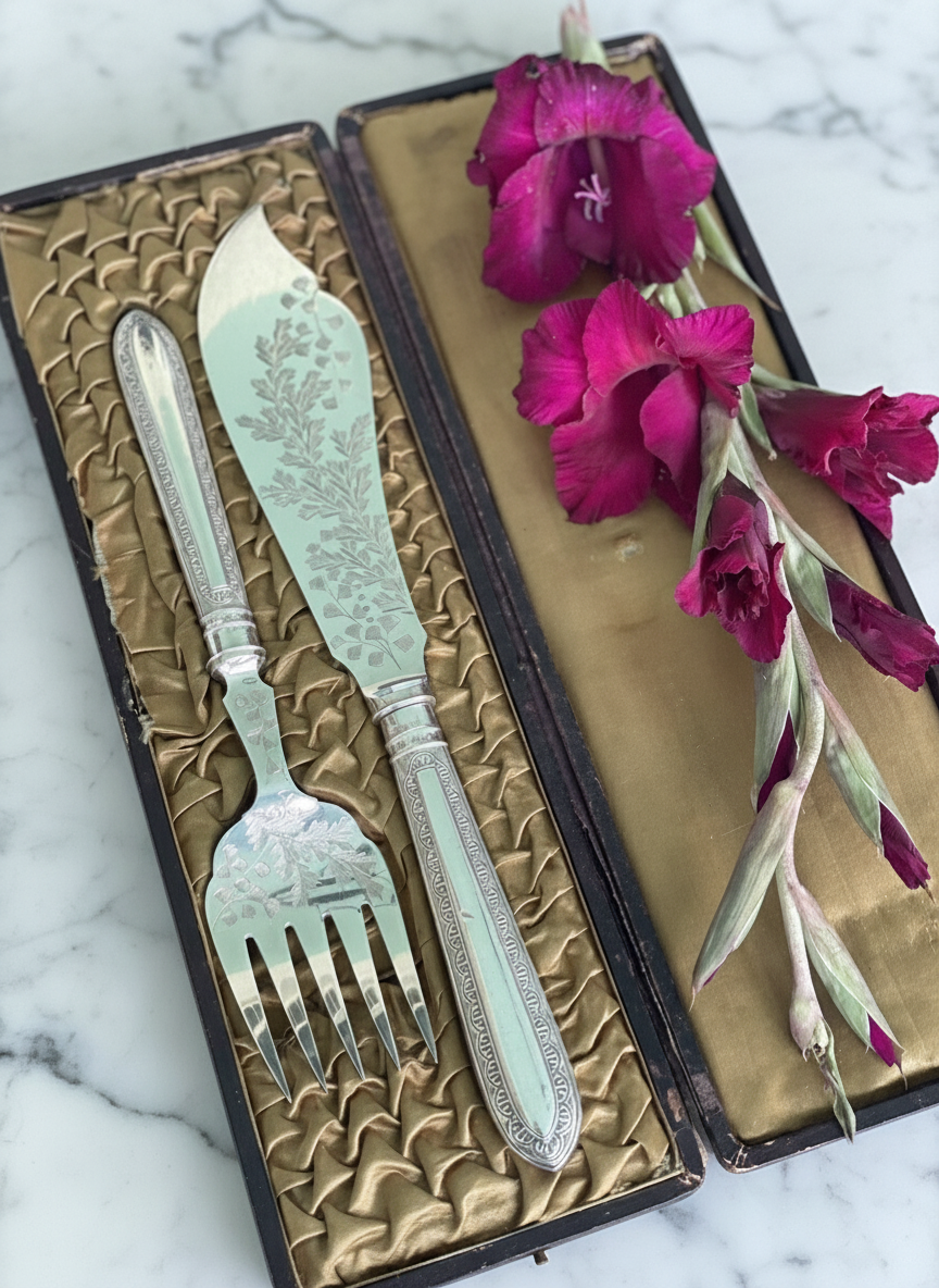 VICTORIAN Serving Set ANTIQUE Allen & Darwin In Case SILVER-PLATE