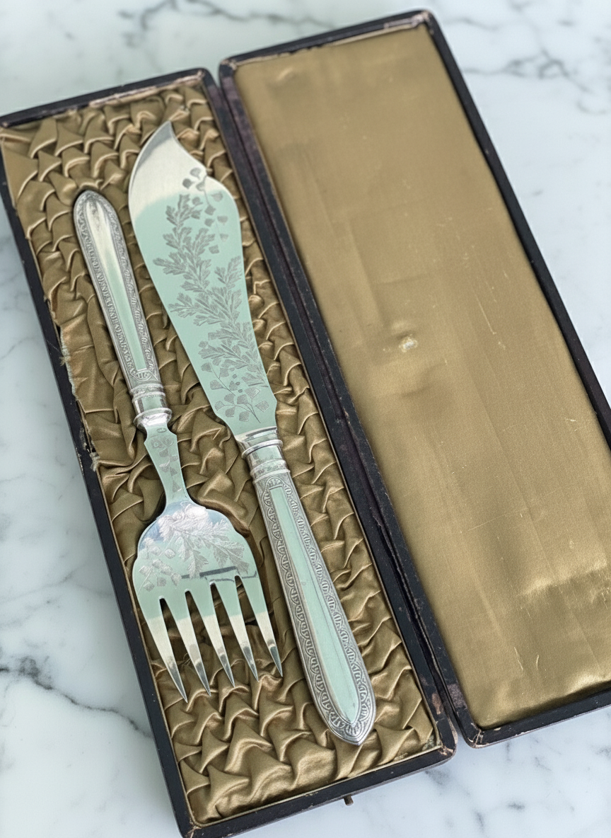 VICTORIAN Serving Set ANTIQUE Allen & Darwin In Case SILVER-PLATE