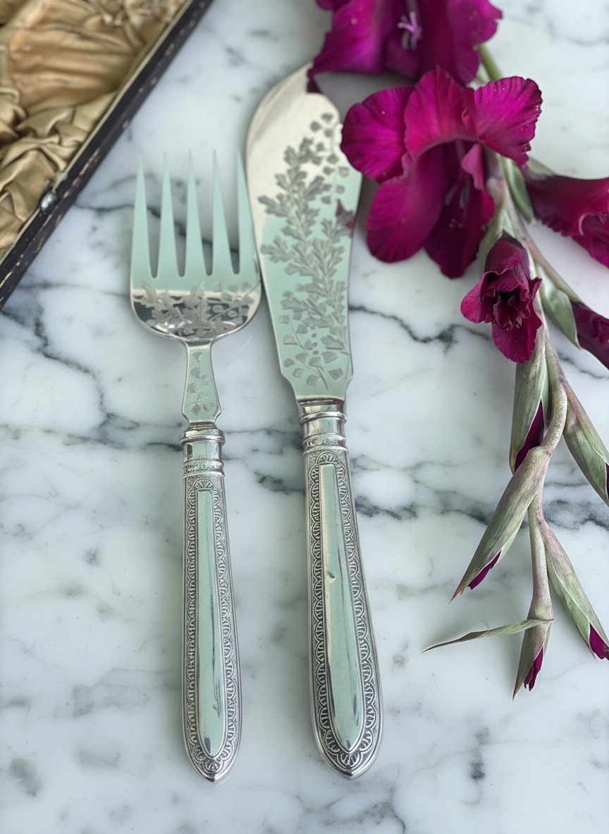 VICTORIAN Serving Set ANTIQUE Allen & Darwin In Case SILVER-PLATE