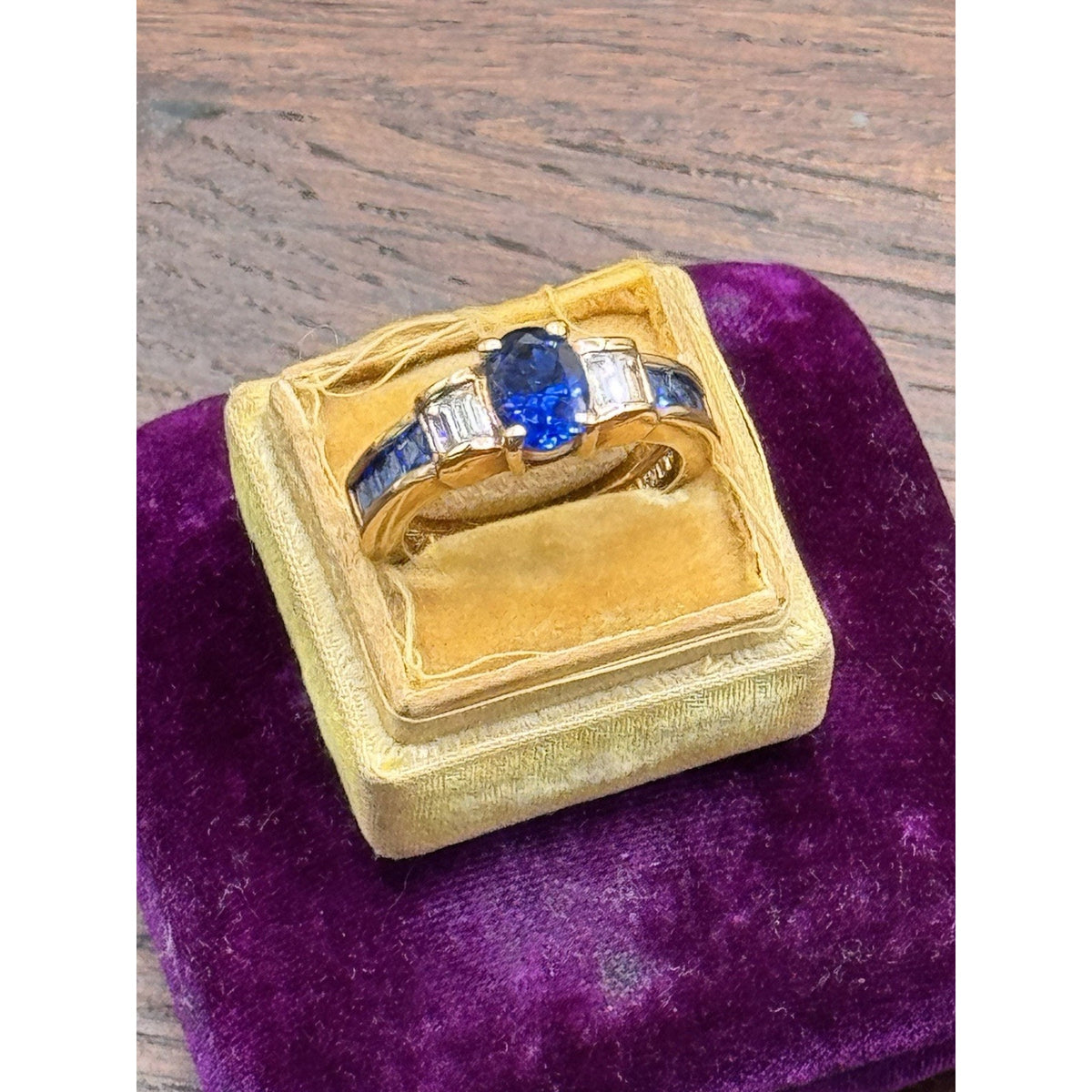Goldplated Ring Blue Rhinestone Oval Baguette Cocktail Statement Size 7.75