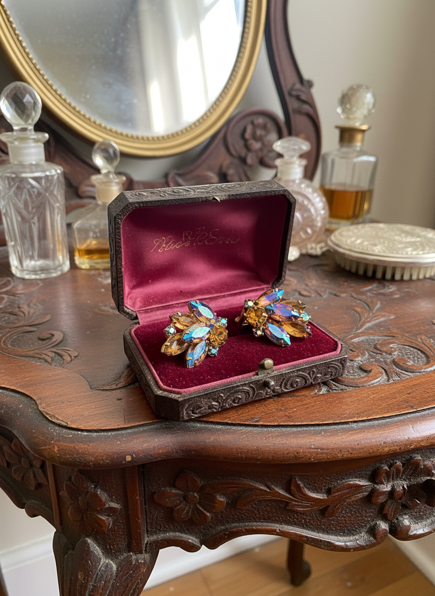 Vintage JULIANA Aurora Borealis Rhinestone Clip-on Earrings Amber Tones ESTATE QUALITY