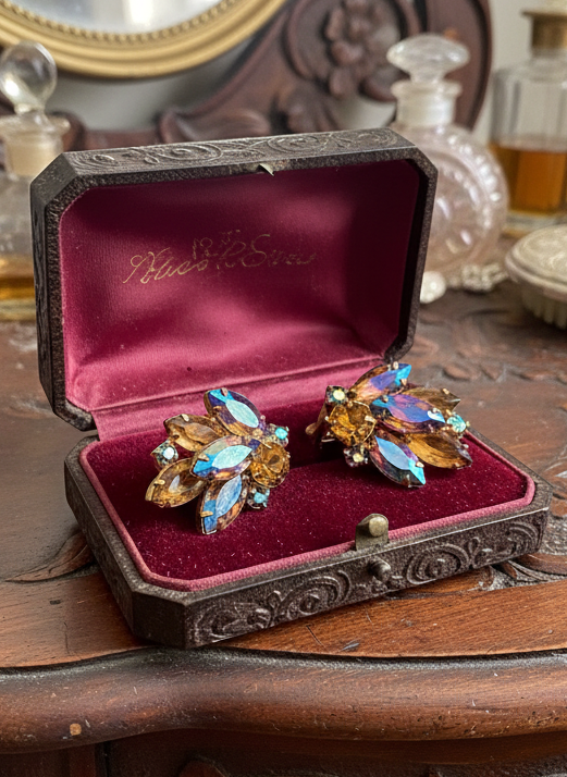 Vintage JULIANA Aurora Borealis Rhinestone Clip-on Earrings Amber Tones ESTATE QUALITY