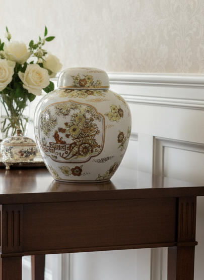 Vintage Japan Gold Imari Hand Painted Wagon/Yellow flowers Vase/Jar Porcelain 9”