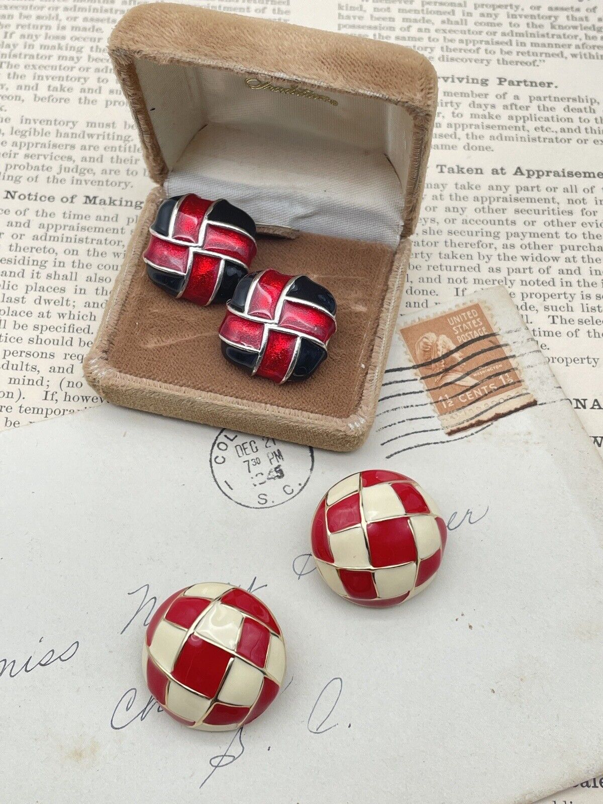 Vintage Earrings Enamel Fashion Red, Black, Red, Cream Silver & Gold Tone 2 Pair