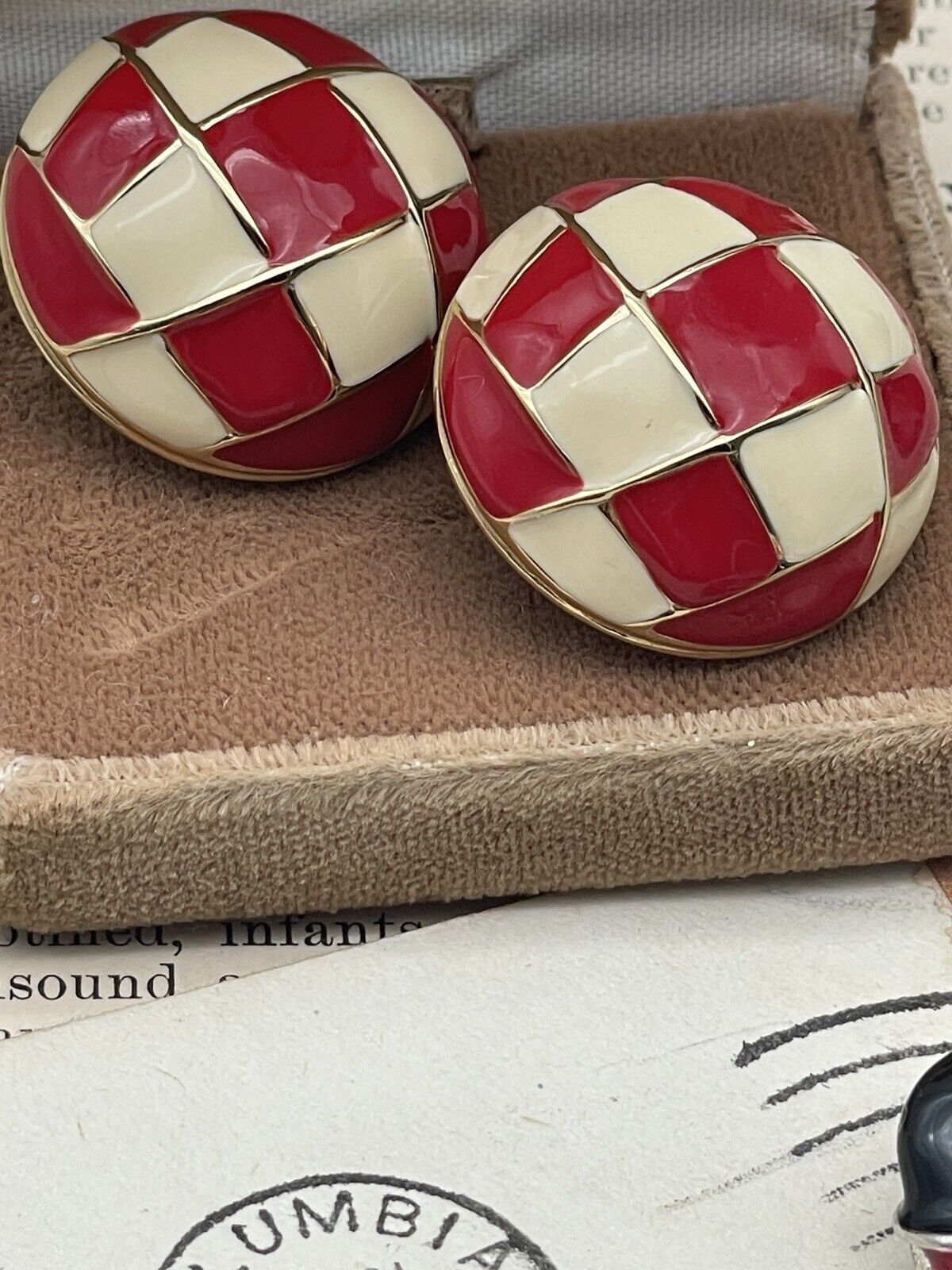 Vintage Earrings Enamel Fashion Red, Black, Red, Cream Silver & Gold Tone 2 Pair