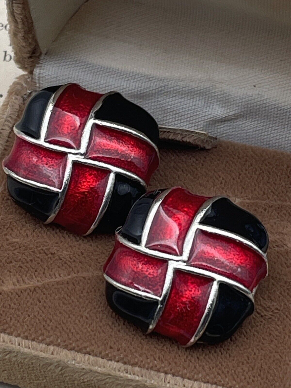 Vintage Earrings Enamel Fashion Red, Black, Red, Cream Silver & Gold Tone 2 Pair