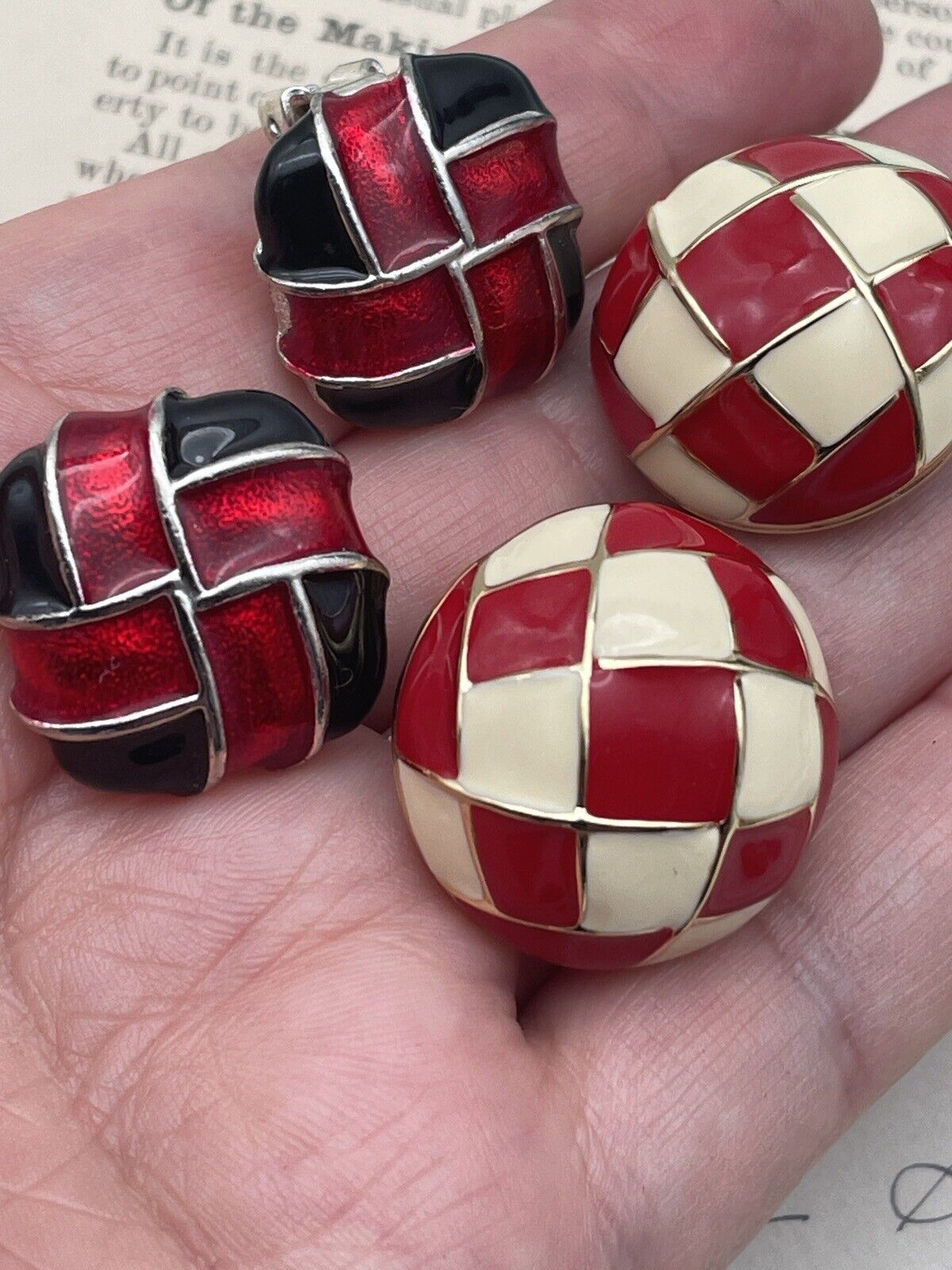 Vintage Earrings Enamel Fashion Red, Black, Red, Cream Silver & Gold Tone 2 Pair