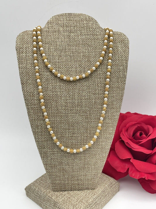 Vintage Necklace Gold Tone Beads and Faux Pearl Vintage 30”Open Length