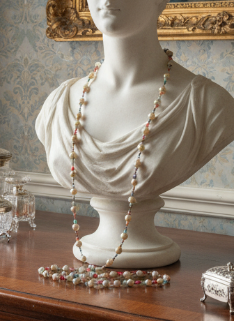 Vintage Faux Pearl & Colored Glass Beads Flapper Necklace XL Ca. 52” Open Length