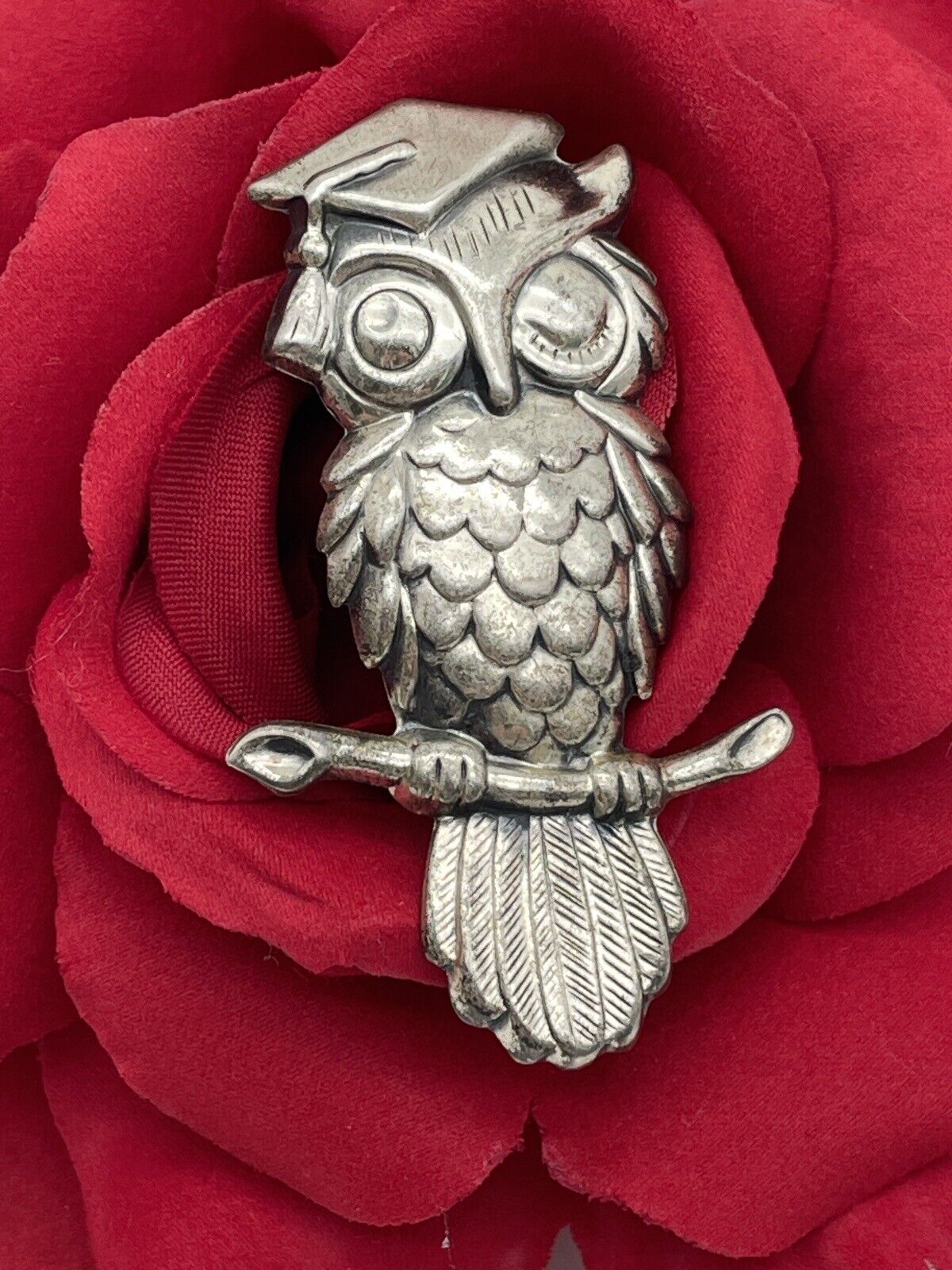 Vintage Wise Graduate Graduation Owl On Branch Brooch Beau Sterling Silver 925