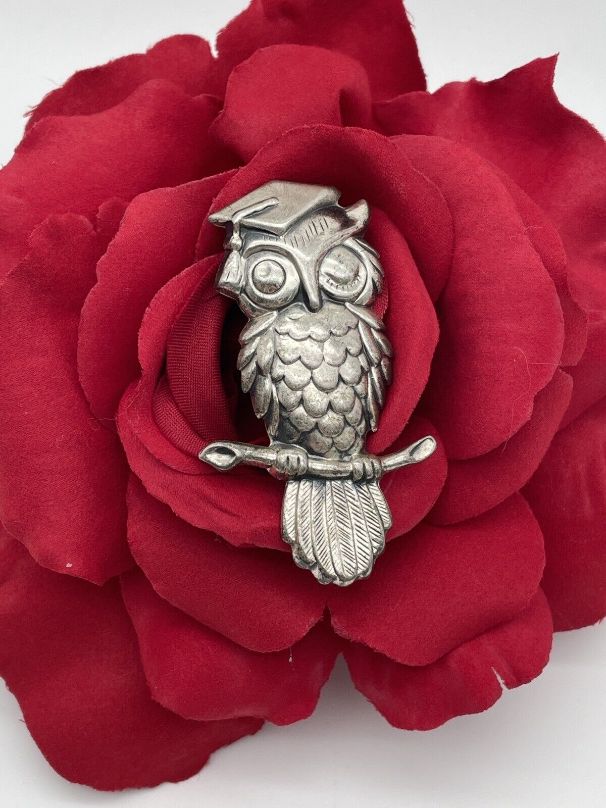 Vintage Wise Graduate Graduation Owl On Branch Brooch Beau Sterling Silver 925