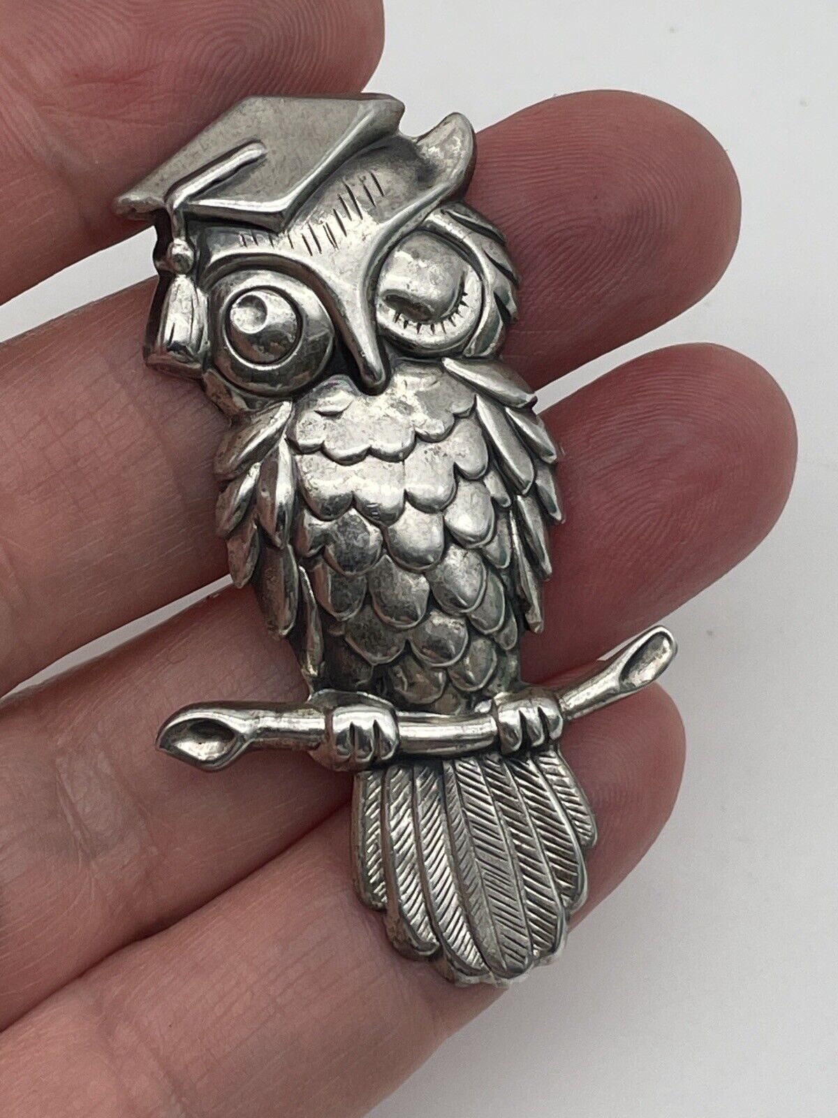 Vintage Wise Graduate Graduation Owl On Branch Brooch Beau Sterling Silver 925