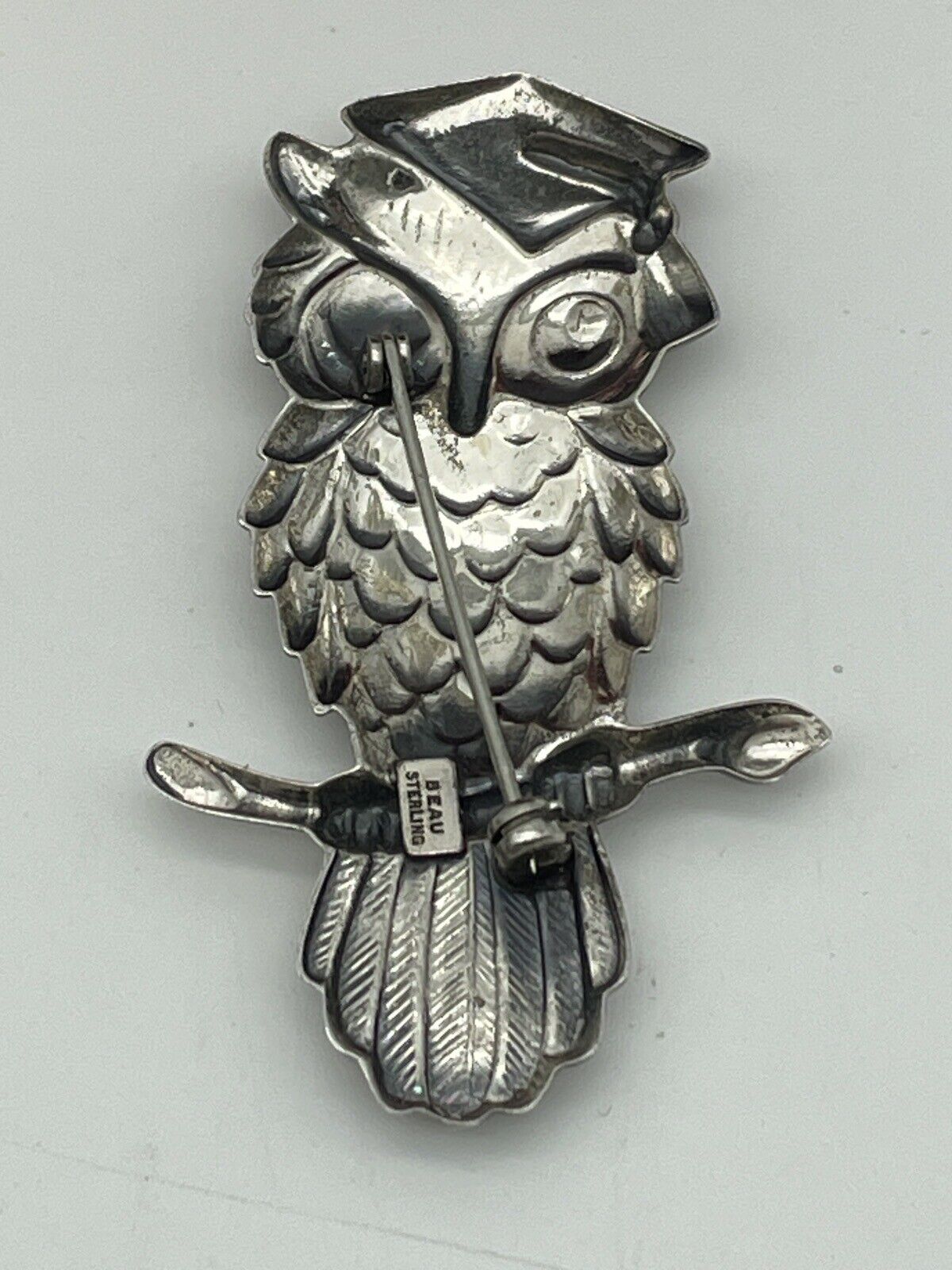 Vintage Wise Graduate Graduation Owl On Branch Brooch Beau Sterling Silver 925