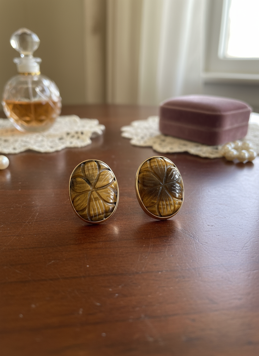 Tiger Eye Carved Earrings Gold Vermeil On 925 Sterling