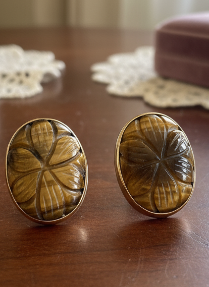Tiger Eye Carved Earrings Gold Vermeil On 925 Sterling