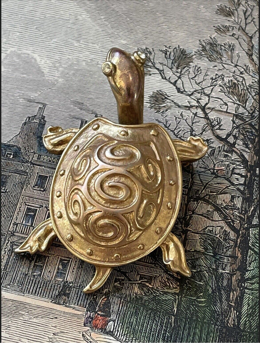 Vintage Turtle Trembler Brooch Goldtone 80s Fun Jewelry