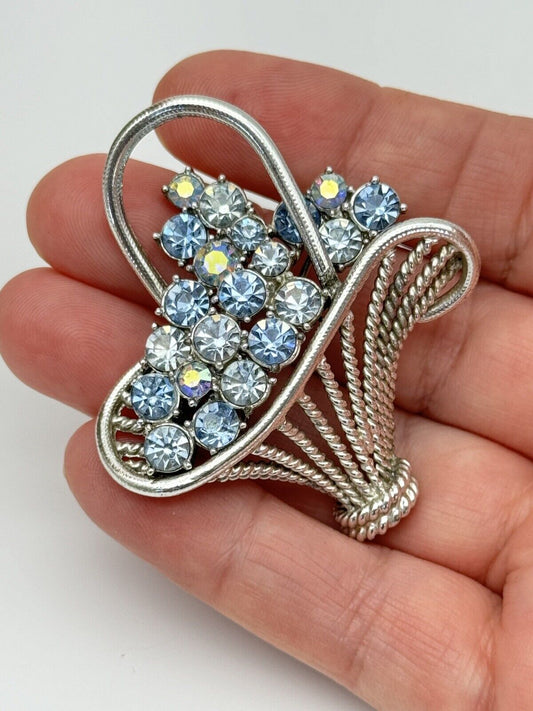 Rhinestone Brooch Coro Signed Ice Blue AB Flower Basket Rhodium Plated VINTAGE