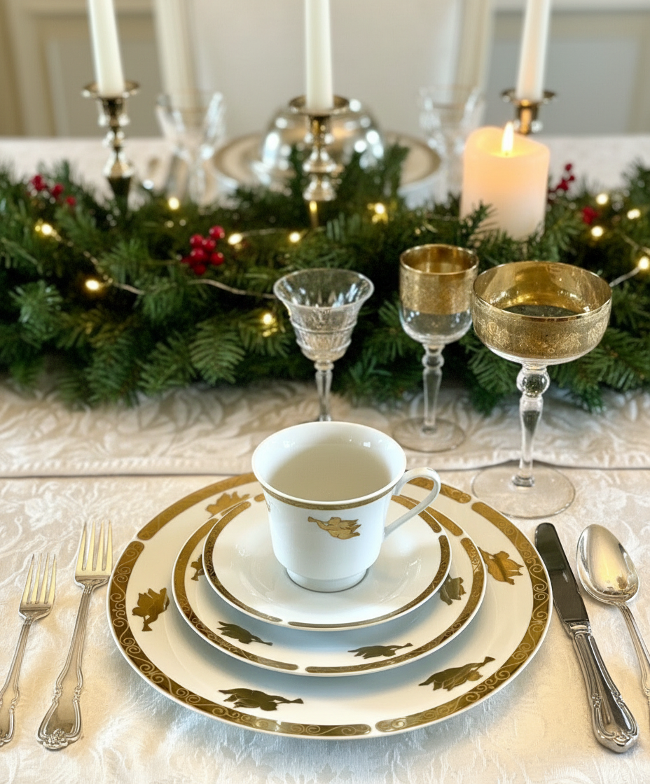 Christmas Tree China 4 PCs Place Setting CHERUBS Gold Angel Horn Christmas Tree Montgomery Ward