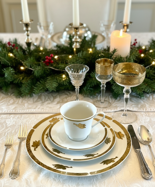 Christmas Tree China 4 PCs Place Setting CHERUBS Gold Angel Horn Christmas Tree Montgomery Ward