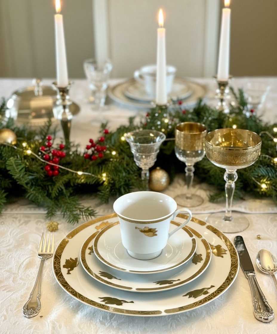 Christmas Tree China 4 PCs Place Setting CHERUBS Gold Angel Horn Christmas Tree Montgomery Ward