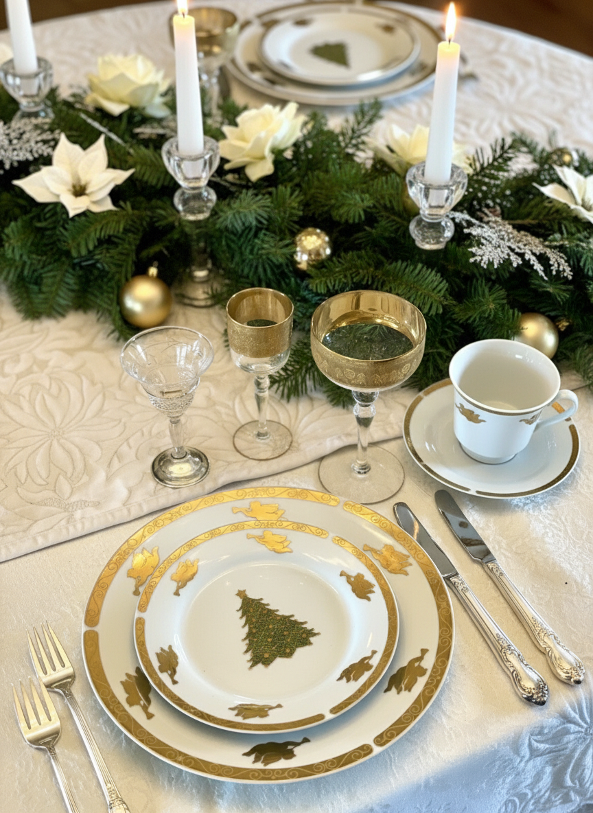 Christmas Tree China 4 PCs Place Setting CHERUBS Gold Angel Horn Christmas Tree Montgomery Ward