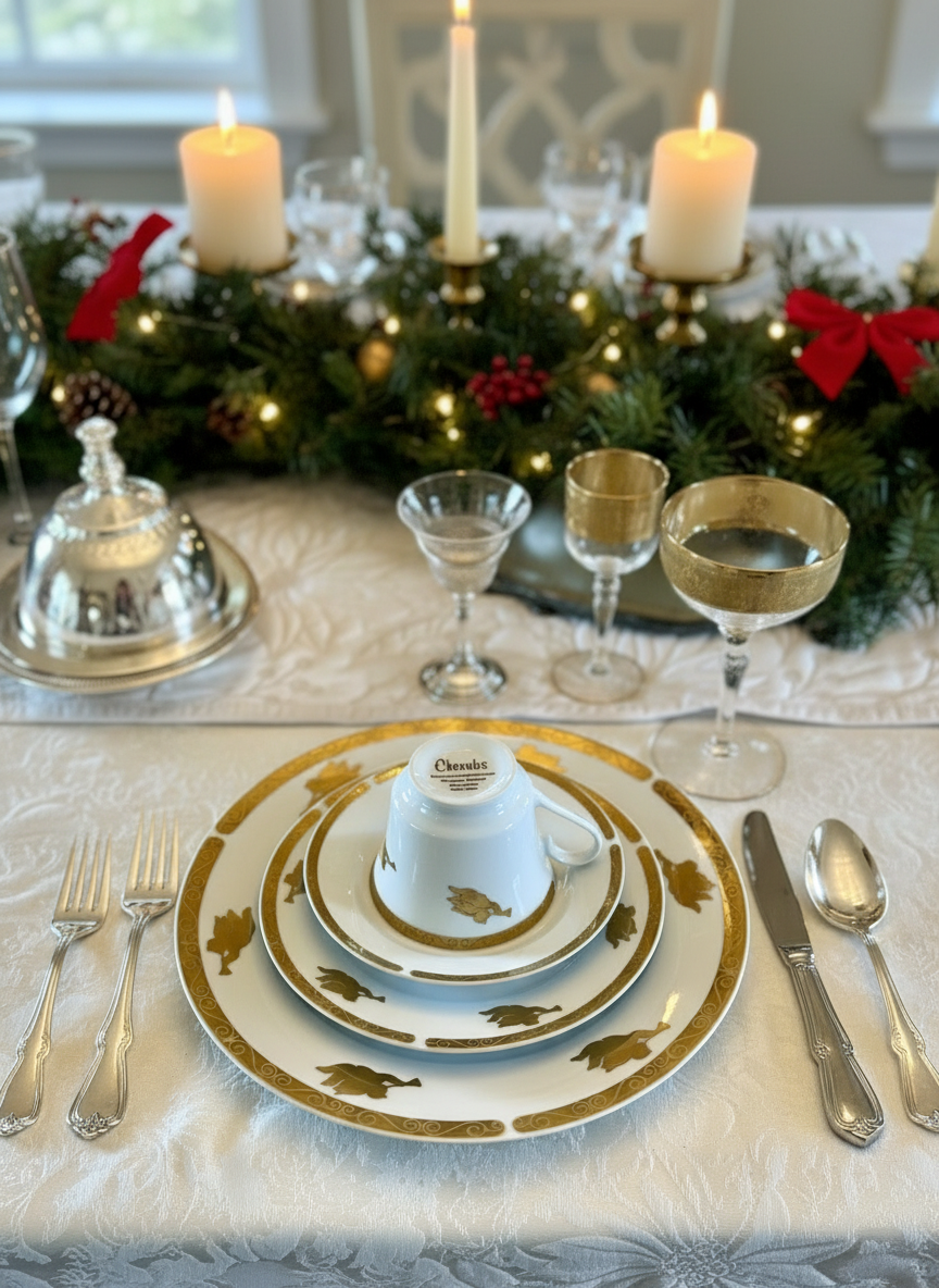 Christmas Tree China 4 PCs Place Setting CHERUBS Gold Angel Horn Christmas Tree Montgomery Ward