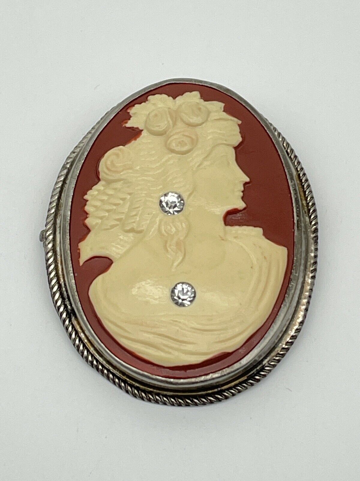 1920s Goddess Flora Celluloid Cameo Bejeweled With 2 Rhinestones