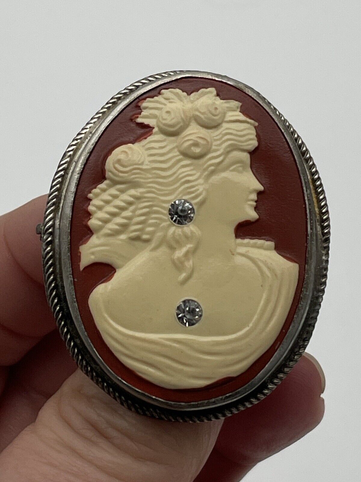 1920s Goddess Flora Celluloid Cameo Bejeweled With 2 Rhinestones