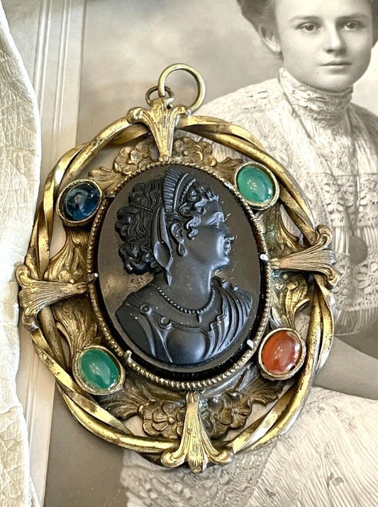 Victorian CAMEO Pendant Black Stone Gilt Frame EXQUISITE RARE