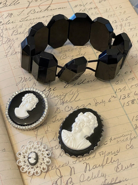 Black Cameo Lot With Black Victorian Style Bracelet GOTHIC Vintage