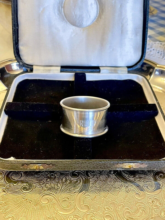 VINTAGE Silver Napkin Ring Original Presentation Box Monogram RJP Plated