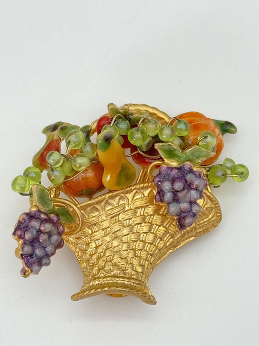 Vintage Fruit Basket Brooch Gold Tone