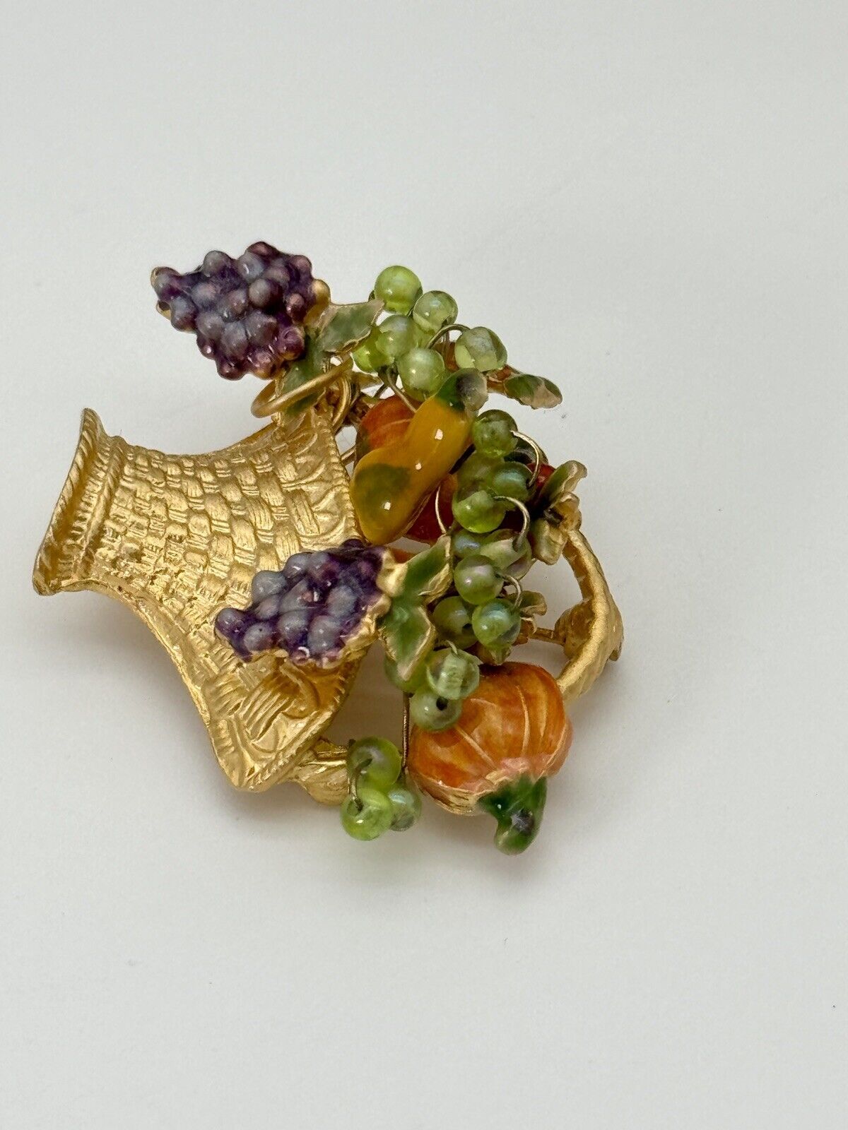 Vintage Fruit Basket Brooch Gold Tone