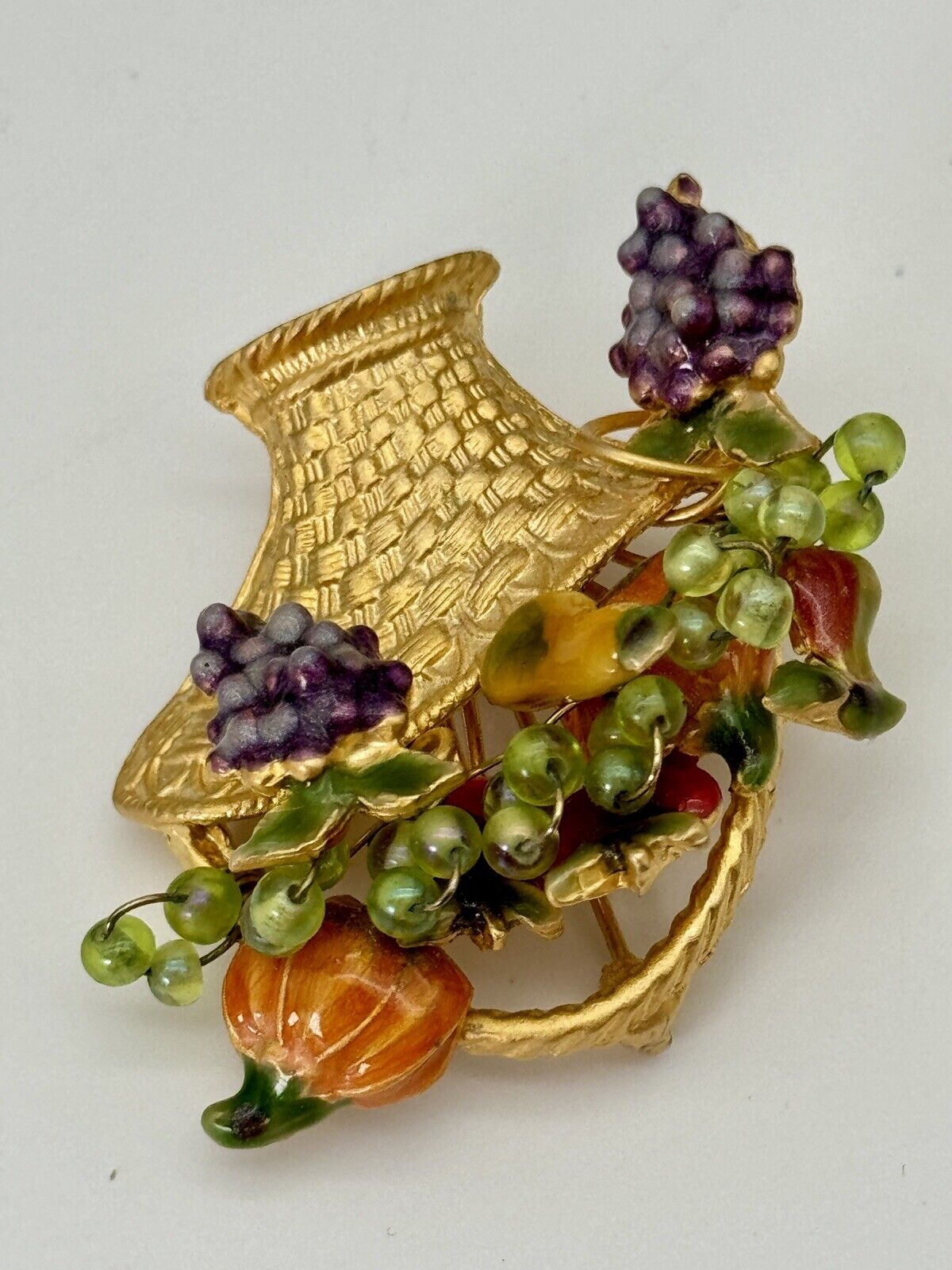 Vintage Fruit Basket Brooch Gold Tone