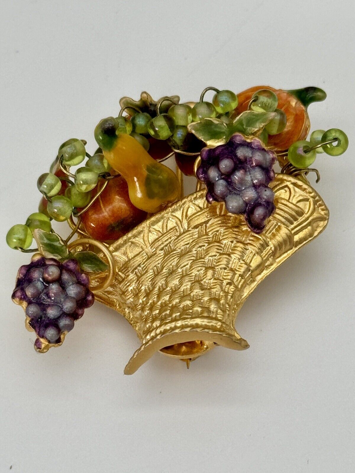 Vintage Fruit Basket Brooch Gold Tone